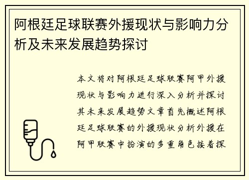 阿根廷足球联赛外援现状与影响力分析及未来发展趋势探讨