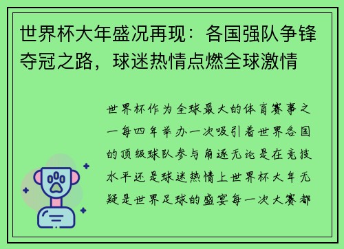 世界杯大年盛况再现：各国强队争锋夺冠之路，球迷热情点燃全球激情