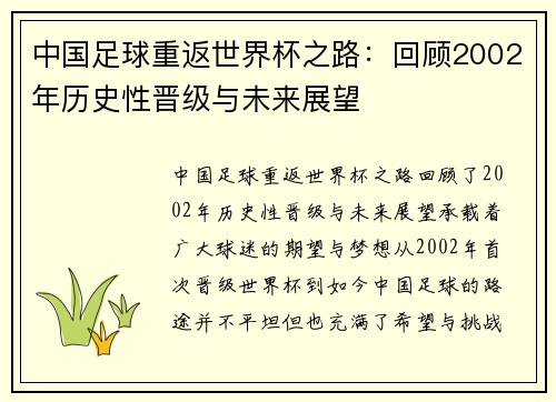 中国足球重返世界杯之路:回顾2002年历史性晋级与未来展望