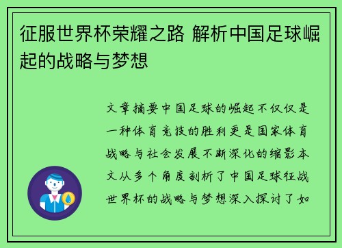 征服世界杯荣耀之路 解析中国足球崛起的战略与梦想