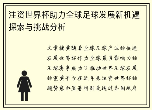 注资世界杯助力全球足球发展新机遇探索与挑战分析